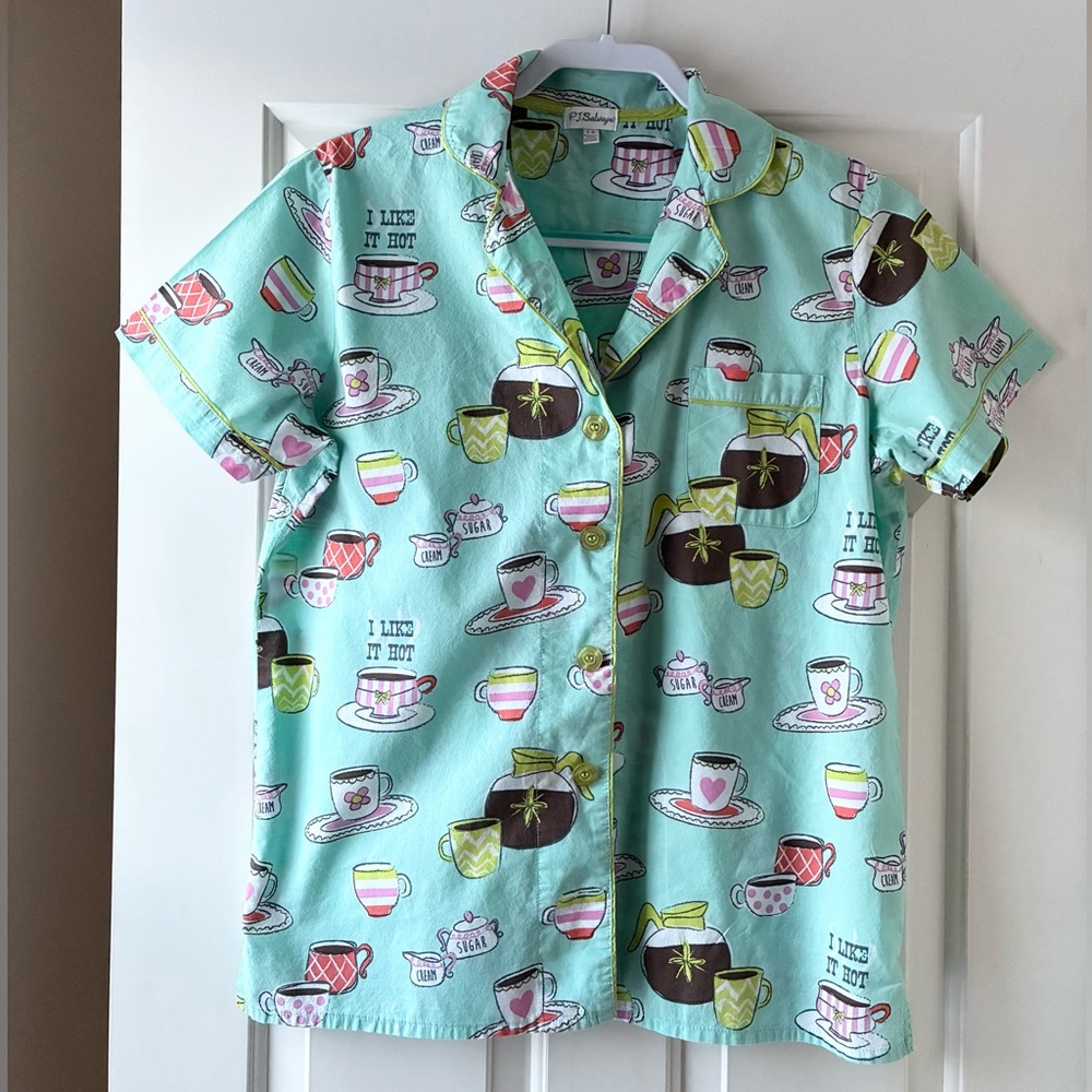 P.J. Salvage Cotton Pajama Set Short Sleeve Morning Breakfast Coffee Teal Size L - Picture 2 of 15